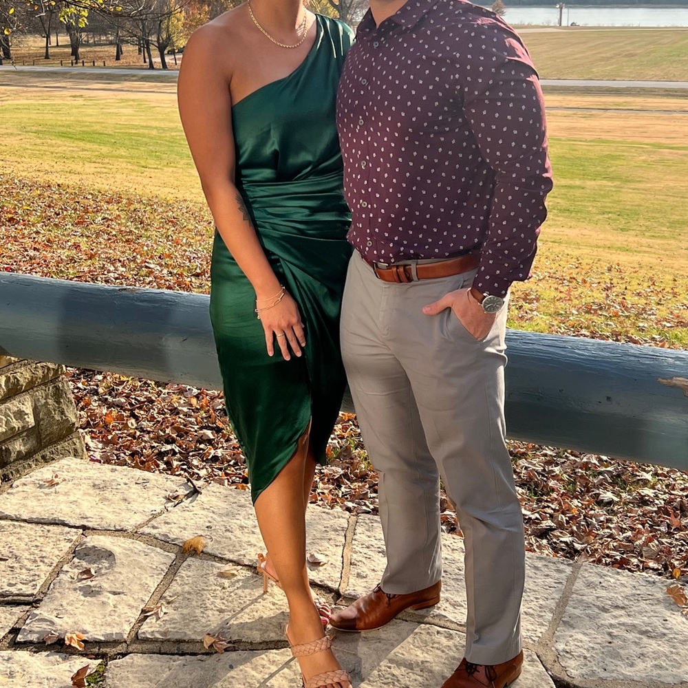 Green one shoulder satin dress